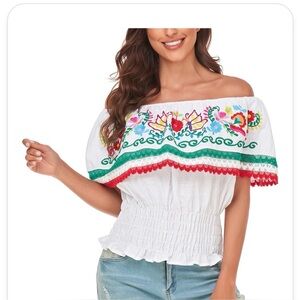 Women Mexican Embroidered Off-Shoulder Shirt Lace size large  new never worn